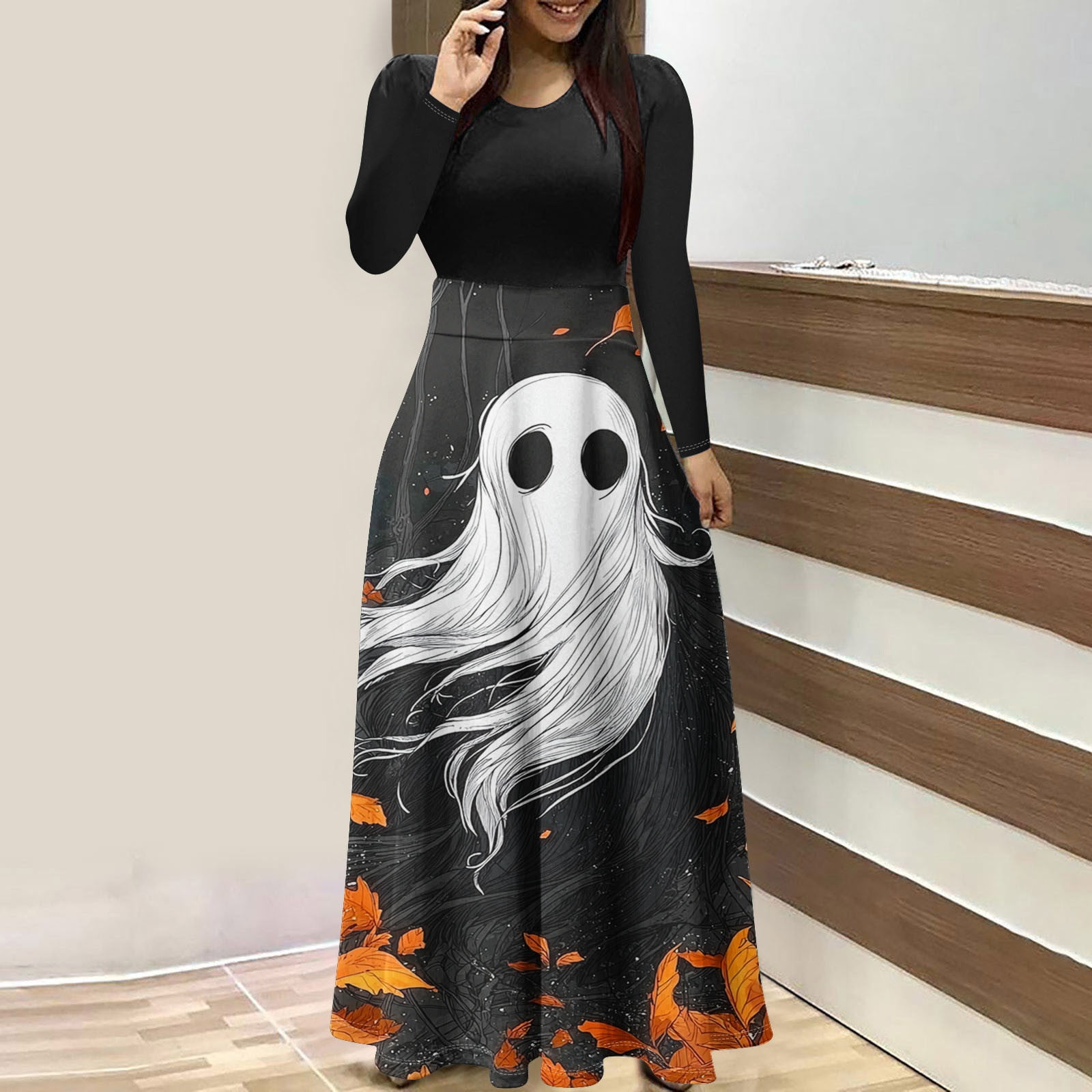 Fdgiu Halloween Costumes Women's Fashion Printed Long Sleeve Round Neck Pullover Patchwork Dress Womens Dress Long Lantern Sleeve, Size: Large