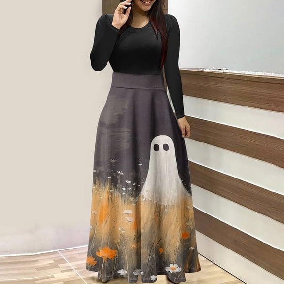 FDGIU Halloween Costumes Women's Fashion Printed Long Sleeve Round Neck Pullover Patchwork Dress Womens Dress Long Lantern Sleeve