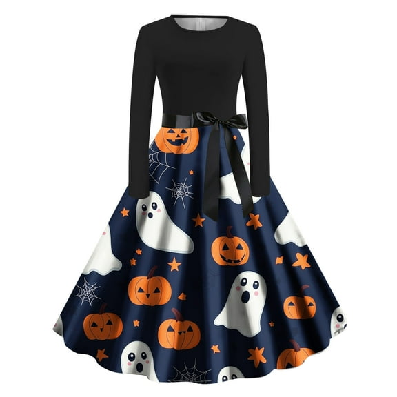 FDGIU Halloween Costumes Women's Halloween Printed Round Neck Long Sleeve Dress Womens Dress Long Lantern Sleeve