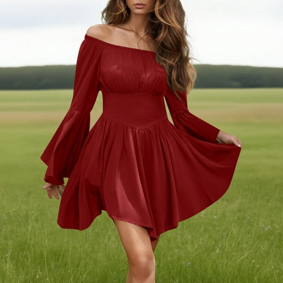 FDGIU Halloween Costumes Womens Halloween Gothic Solid Dress Womens Dress Long Lantern Sleeve