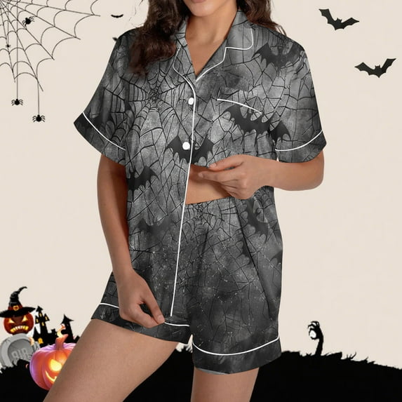 FDGIU Halloween Pajamas Women Halloween Print Casual Turndown Collar Short Sleeve Blouse Button Short Pants Pajamas Suit Soft Sleepshirts