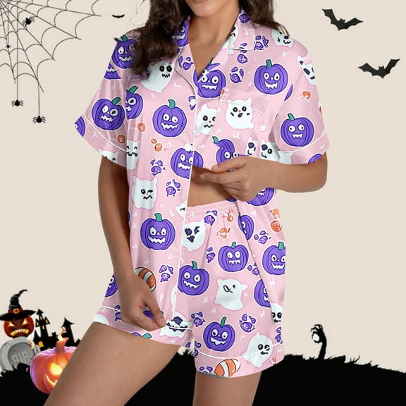 FDGIU Halloween Pajamas Women Halloween Print Casual Turndown Collar Short Sleeve Blouse Button Short Pants Pajamas Suit Soft Sleepshirts