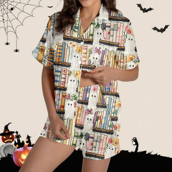 FDGIU Halloween Pajamas Women Halloween Print Casual Turndown Collar Short Sleeve Blouse Button Short Pants Pajamas Suit Soft Sleepshirts