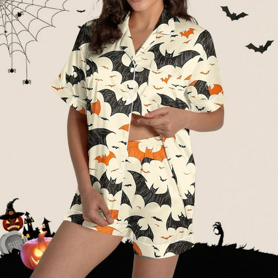 FDGIU Halloween Pajamas Women Halloween Print Casual Turndown Collar Short Sleeve Blouse Button Short Pants Pajamas Suit Soft Sleepshirts