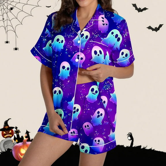 FDGIU Halloween Pajamas Women Halloween Print Casual Turndown Collar Short Sleeve Blouse Button Short Pants Pajamas Suit Soft Sleepshirts
