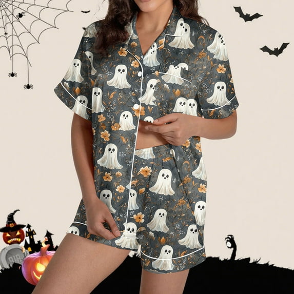 FDGIU Halloween Pajamas Women Halloween Print Casual Turndown Collar Short Sleeve Blouse Button Short Pants Pajamas Suit Soft Sleepshirts