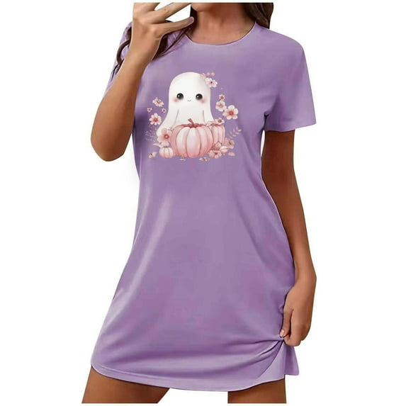 FDGIU Halloween Pajamas Women's Oversized Short Nightgown Fashion Chest Print Short Sleeve Nightdress Soft Sleepshirts