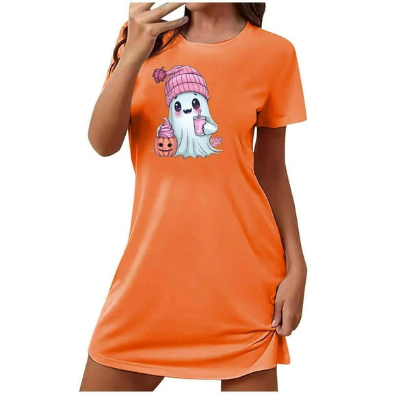 FDGIU Halloween Pajamas Women's Oversized Short Nightgown Fashion Chest Print Short Sleeve Nightdress Soft Sleepshirts