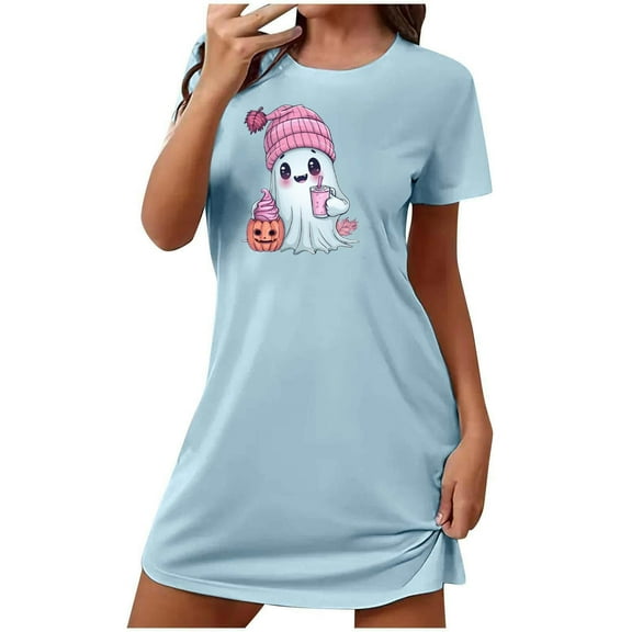 FDGIU Halloween Pajamas Women's Oversized Short Nightgown Fashion Chest Print Short Sleeve Nightdress Soft Sleepshirts