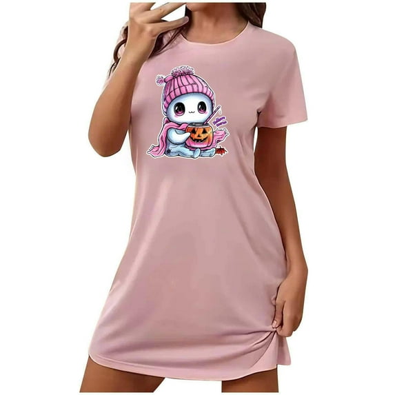FDGIU Halloween Pajamas Women's Oversized Short Nightgown Fashion Chest Print Short Sleeve Nightdress Soft Sleepshirts
