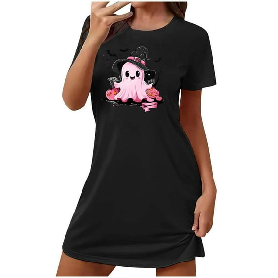 FDGIU Halloween Pajamas Women's Oversized Short Nightgown Fashion Chest Print Short Sleeve Nightdress Soft Sleepshirts