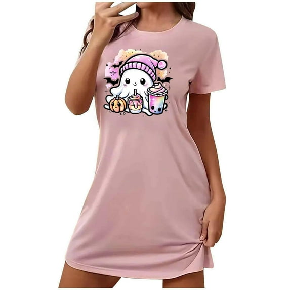 FDGIU Halloween Pajamas Women's Oversized Short Nightgown Fashion Chest Print Short Sleeve Nightdress Soft Sleepshirts