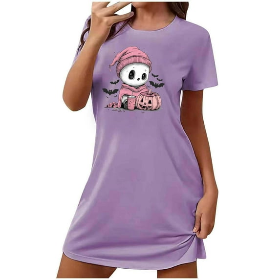 FDGIU Halloween Pajamas Women's Oversized Short Nightgown Fashion Chest Print Short Sleeve Nightdress Soft Sleepshirts