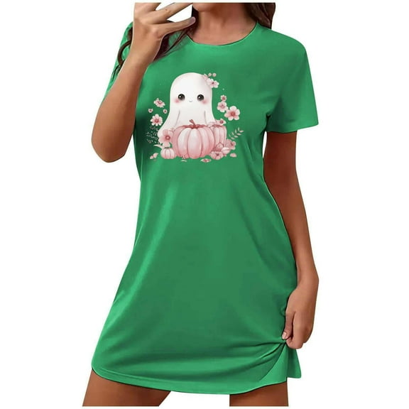 FDGIU Halloween Pajamas Women's Oversized Short Nightgown Fashion Chest Print Short Sleeve Nightdress Soft Sleepshirts