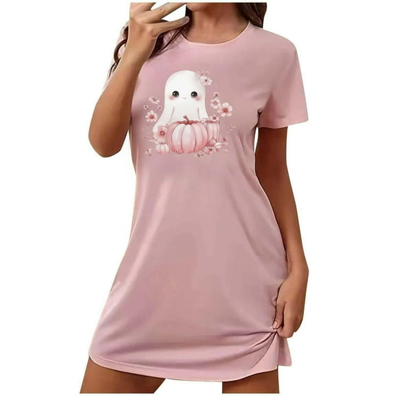 FDGIU Halloween Pajamas Women's Oversized Short Nightgown Fashion Chest Print Short Sleeve Nightdress Soft Sleepshirts