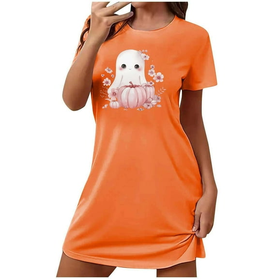 FDGIU Halloween Pajamas Women's Oversized Short Nightgown Fashion Chest Print Short Sleeve Nightdress Soft Sleepshirts