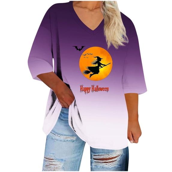 FDGIU Halloween Shirts for Women Women's Halloween Fashion Daily Printed V-neck Three Quarter Sleeve 3/4 Sleeve T-shirt Large Loose Top Spooky Season Graphic