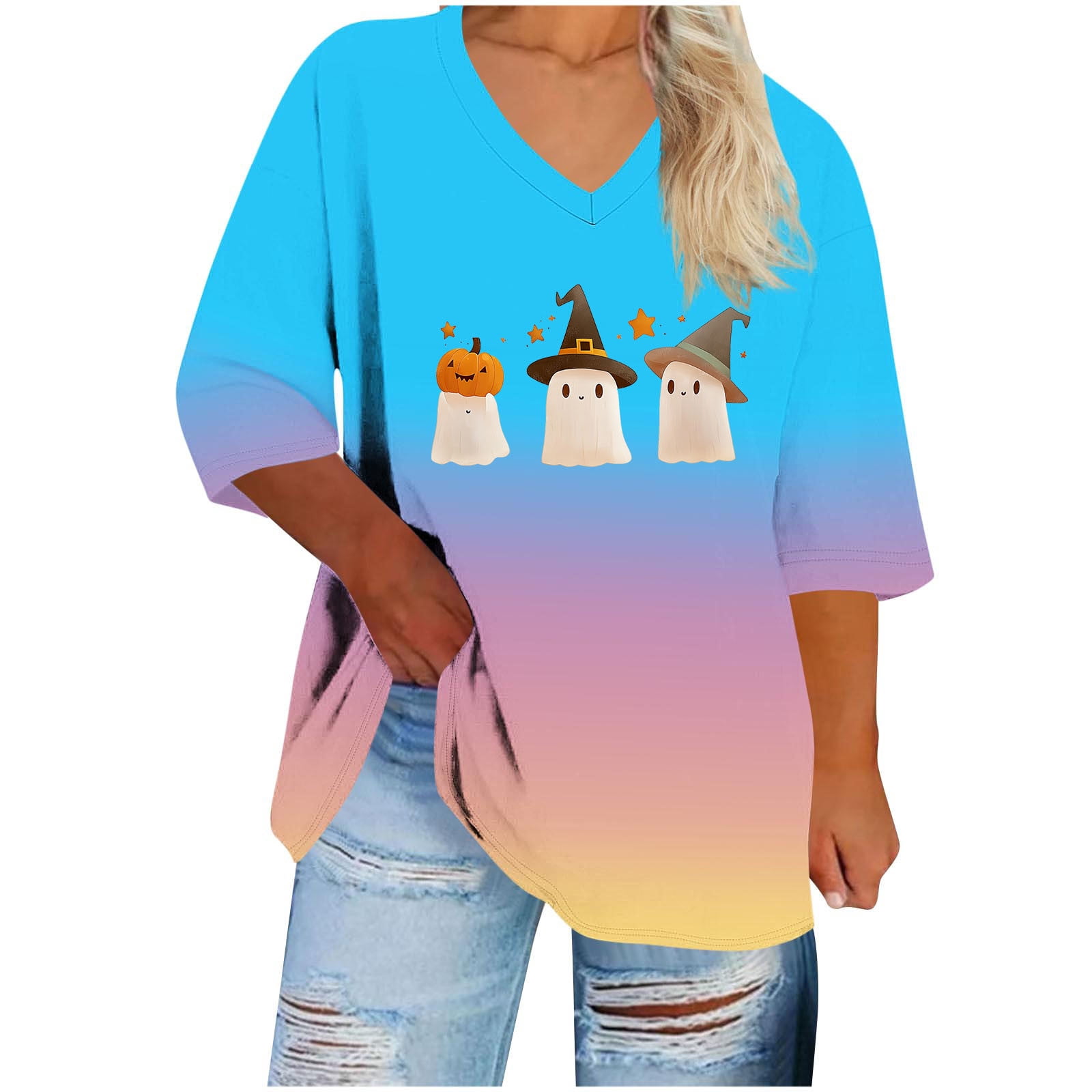 Women's T shirt Tee Halloween Shirt Black Blue Purple Skull Print Long Sleeve main image 1