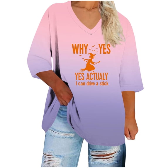 FDGIU Halloween Shirts for Women Women's Halloween Fashion Daily Printed V-neck Three Quarter Sleeve 3/4 Sleeve T-shirt Large Loose Top Spooky Season Graphic