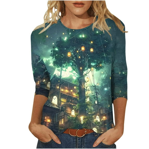 FDGIU Halloween Shirts for Women Fashion Women's Casual Print Round Neck 3/4 Sleeve T-shirt Blouse Spooky Season Graphic
