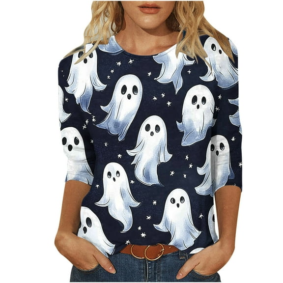 FDGIU Halloween Shirts for Women Fashion Women's Casual Printed Round Neck 3/4 Sleeve T-shirt Fashionable Blouse Tops Spooky Season Graphic
