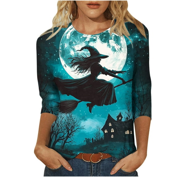 FDGIU Halloween Shirts for Women Fashion Women's Casual Printed Round Neck 3/4 Sleeve T-shirt Fashionable Blouse Tops Spooky Season Graphic