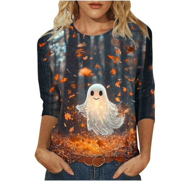 FDGIU Halloween Shirts for Women Fashion Women's Casual Printed Round Neck 3/4 Sleeve T-shirt Fashionable Blouse Tops Spooky Season Graphic