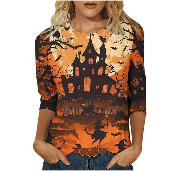 FDGIU Halloween Shirts for Women Fashion Women's Casual Printed Round Neck 3/4 Sleeve T-shirt Fashionable Blouse Tops Spooky Season Graphic