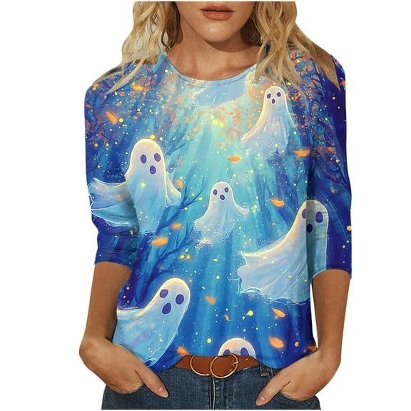 FDGIU Halloween Shirts for Women Fashion Women's Casual Printed Round Neck 3/4 Sleeve T-shirt Fashionable Blouse Tops Spooky Season Graphic