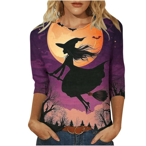 FDGIU Halloween Shirts for Women Fashion Women's Casual Printed Round Neck 3/4 Sleeve T-shirt Fashionable Blouse Tops Spooky Season Graphic