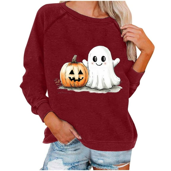 FDGIU Halloween Shirts for Women Women Casual Full Sleeve Round Neck Loose Blouse Printed Sweatshirt Spooky Season Graphic