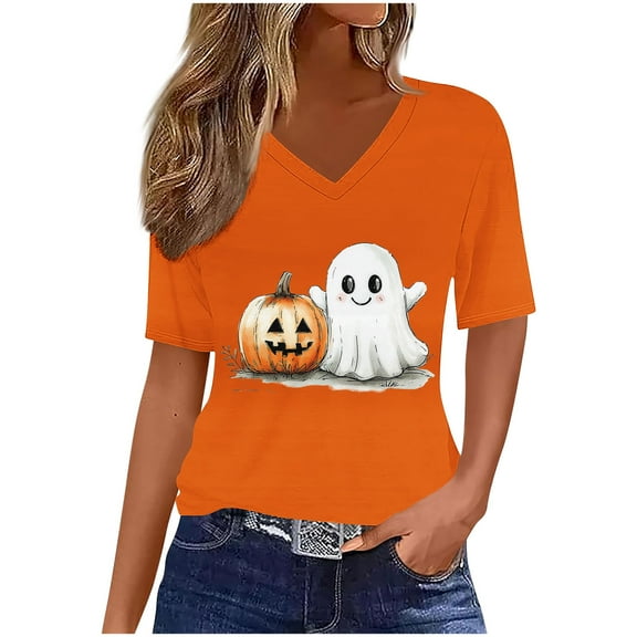 FDGIU Halloween Shirts for Women Women's Fashion Casual Comfortable Printed Short Sleeved V-Neck T-Shirt Blouse Spooky Season Graphic