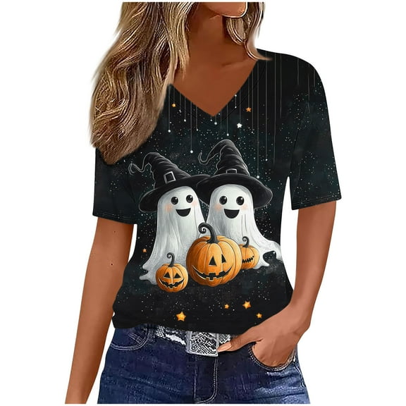 FDGIU Halloween Shirts for Women Women's Fashion Casual Comfortable Printed Short Sleeved V-Neck T-Shirt Blouse Spooky Season Graphic