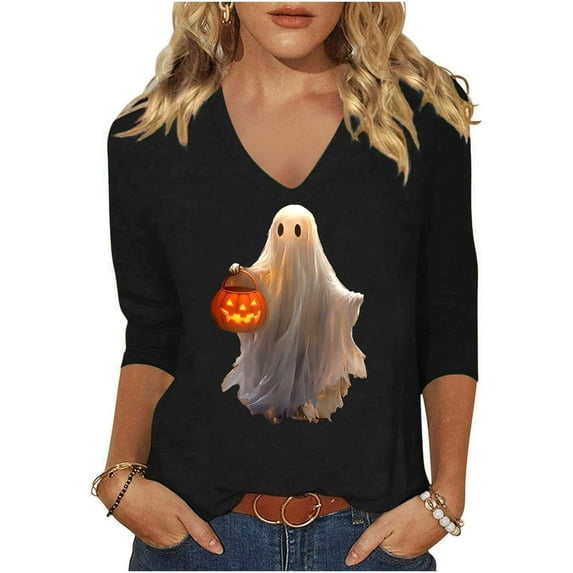 FDGIU Halloween Shirts for Women Women's Fashion St. Patrick's Day Printed 3/4 Sleeve Tops V-Neck Tops Blouse Spooky Season Graphic
