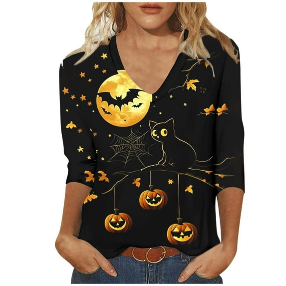 FDGIU Halloween Shirts for Women Women's Fashion St. Patrick's Day Printed 3/4 Sleeve Tops V-Neck Tops Blouse Spooky Season Graphic