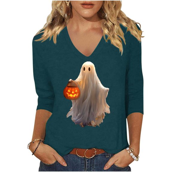 FDGIU Halloween Shirts for Women Women's Fashion St. Patrick's Day Printed 3/4 Sleeve Tops V-Neck Tops Blouse Spooky Season Graphic