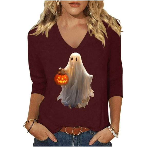 FDGIU Halloween Shirts for Women Women's Fashion St. Patrick's Day Printed 3/4 Sleeve Tops V-Neck Tops Blouse Spooky Season Graphic