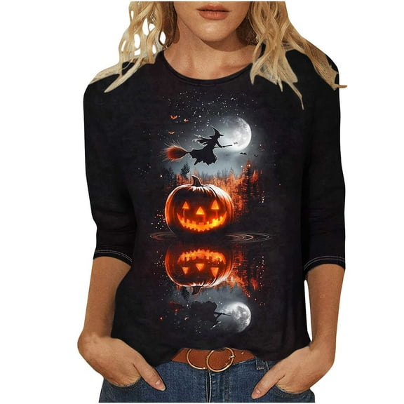 FDGIU Halloween Shirts for Women Women's Fashion Tees Casual Crewneck 3/4 Sleeve Loose T Shirt Ladies Blouses Shirts Spooky Season Graphic