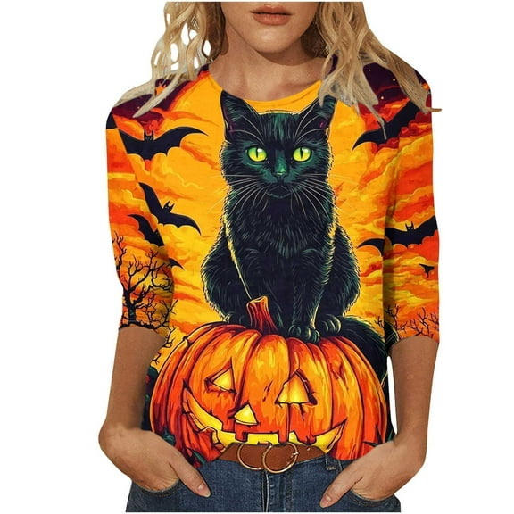 FDGIU Halloween Shirts for Women Women's Fashion Tees Casual Crewneck 3/4 Sleeve Loose T Shirt Ladies Blouses Shirts Spooky Season Graphic