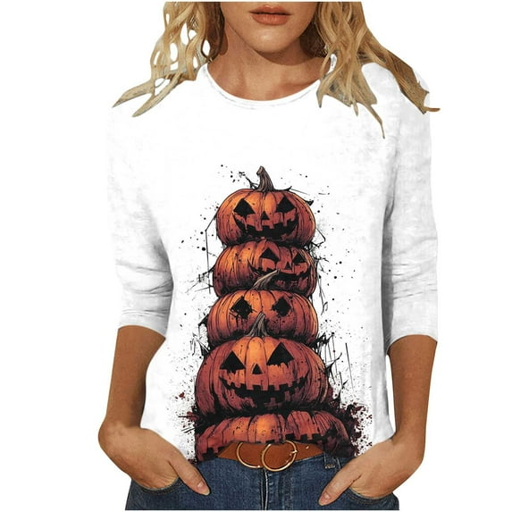 FDGIU Halloween Shirts for Women Women's Fashion Tees Casual Crewneck 3/4 Sleeve Loose T Shirt Ladies Blouses Shirts Spooky Season Graphic