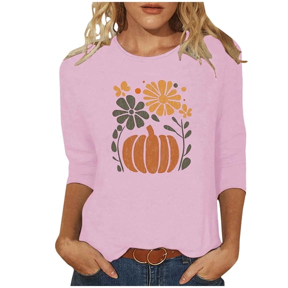 FDGIU Halloween Shirts for Women Women's Fashion Tees Casual Crewneck 3/4 Sleeve Loose T Shirt Ladies Blouses Shirts Spooky Season Graphic