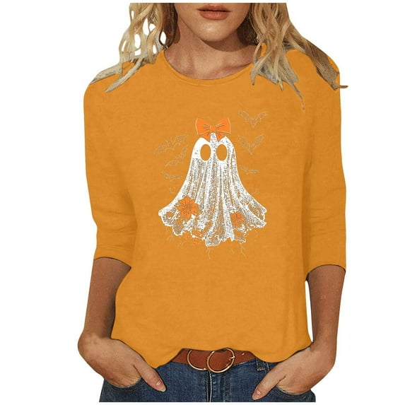 FDGIU Halloween Shirts for Women Women's Fashion Tees Casual Crewneck 3/4 Sleeve Loose T Shirt Ladies Blouses Shirts Spooky Season Graphic