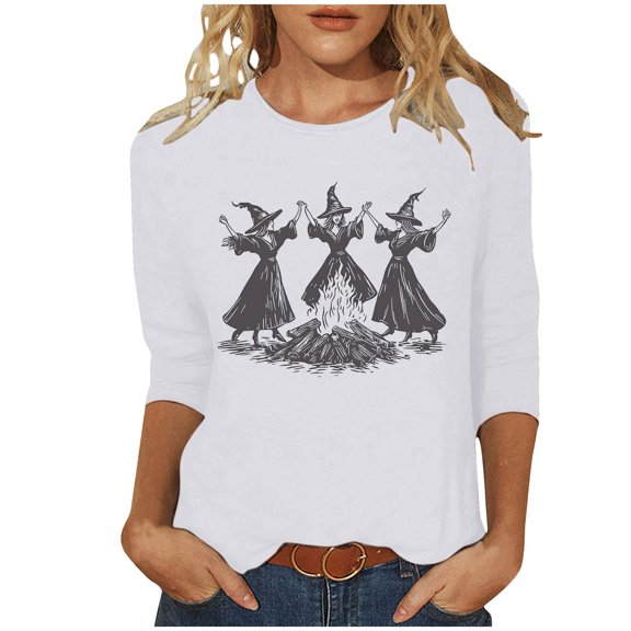 FDGIU Halloween Shirts for Women Women's Fashion Tees Casual Crewneck 3/4 Sleeve Loose T Shirt Ladies Blouses Shirts Spooky Season Graphic