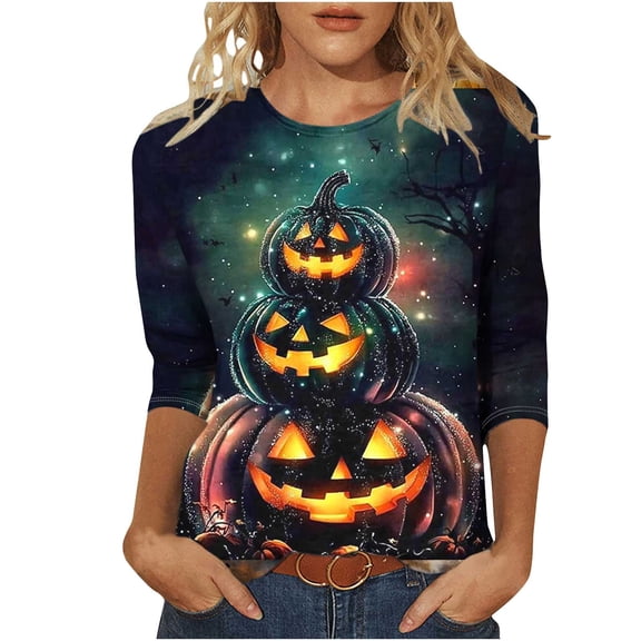 FDGIU Halloween Shirts for Women Women's Fashion Tees Casual Crewneck 3/4 Sleeve Loose T Shirt Ladies Blouses Shirts Spooky Season Graphic