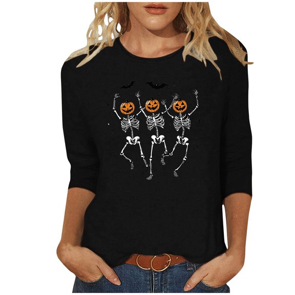 FDGIU Halloween Shirts for Women Women's Fashion Tees Casual Crewneck 3/4 Sleeve Loose T Shirt Ladies Blouses Shirts Spooky Season Graphic