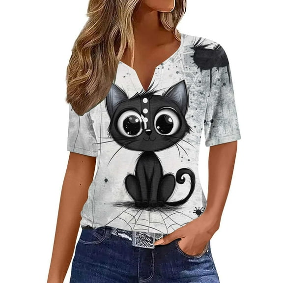 FDGIU Halloween Shirts for Women Women's Halloween Printed Button Short Sleeved V-neck Top/shirt Spooky Season Graphic