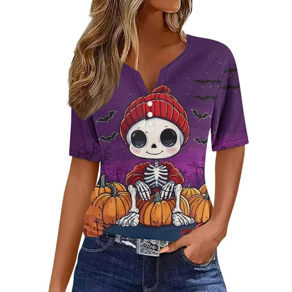 FDGIU Halloween Shirts for Women Women's Halloween Printed Button Short Sleeved V-neck Top/shirt Spooky Season Graphic