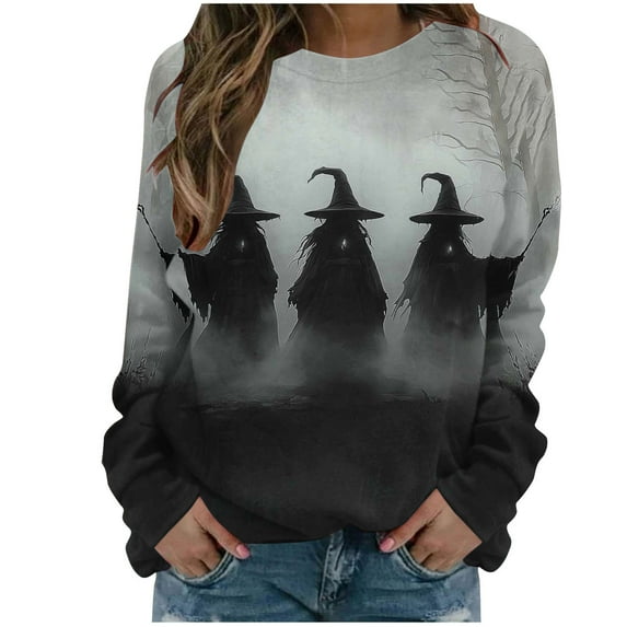 FDGIU Halloween Shirts for Women Women's Printing Blouses Long Sleeved Round Neck Pullover Fashionable Top Spooky Season Graphic