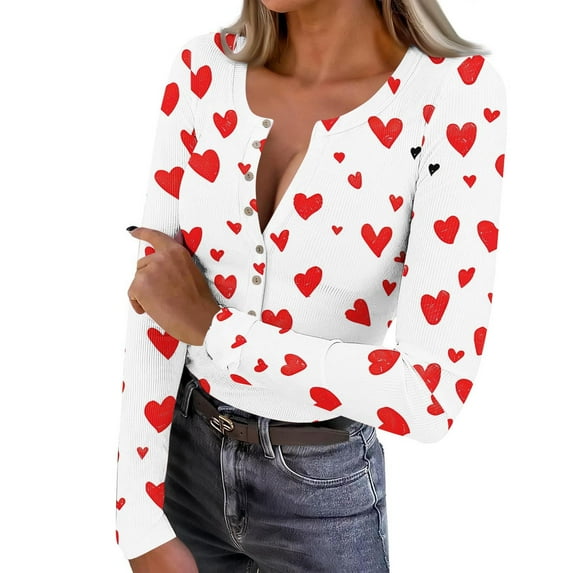 FDGIU Long Sleeve Shirts for Women Button Down Tops Ribbed Knit Slim Fit Basic Tee Cute Love Print Casual Clothes