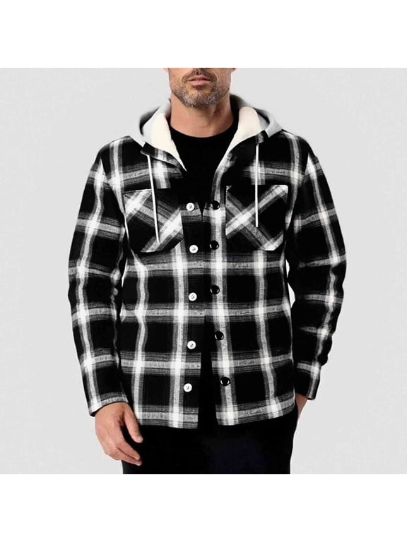 Men's 2025 Flannel Lined Plaid Jacket - Button Down Hooded Flannel, Winter Workwear with Fleece Lining, Outdoor Shirt Coat